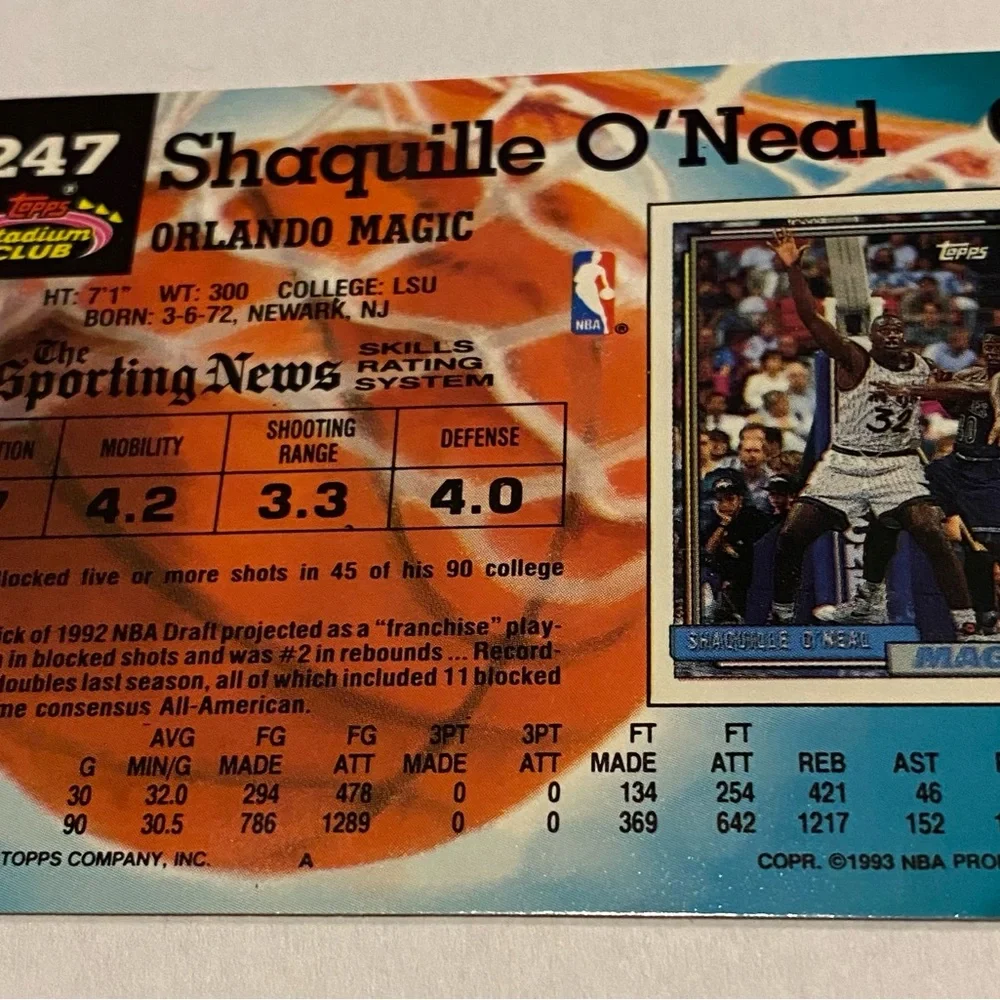 Shaquille O'Neal 1993  Rookie Card Topps Stadium Club Basketball card Vintage